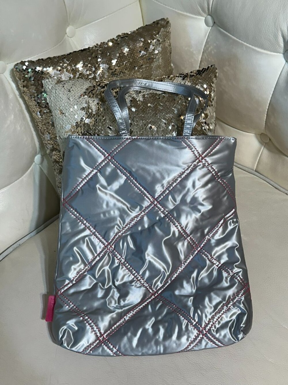 LTD EDITION CYBER Y2K Clinique Tote Metallic Silver Hot Pink Quilting & Lining